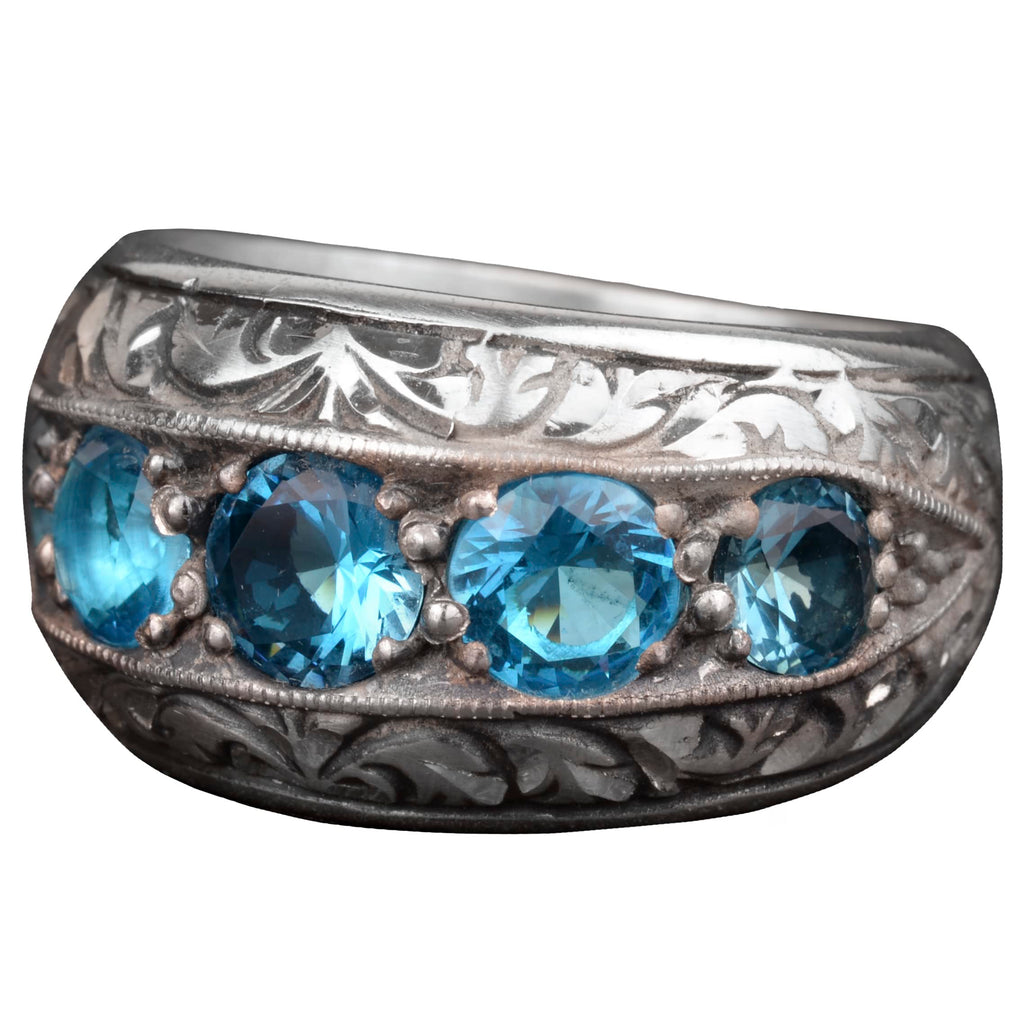 Silver Men's Ring – with Synthetic Blue Topaz Stone, Calligraphic Craftsmanship