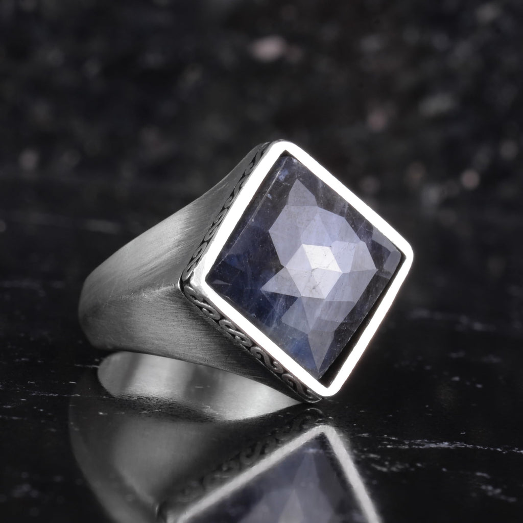 KAMBO Natural Stone Men's Ring 925 Sterling Silver – Square Cut Stone Handmade Minimalist Statement Ring (Blue Sapphire) — 6