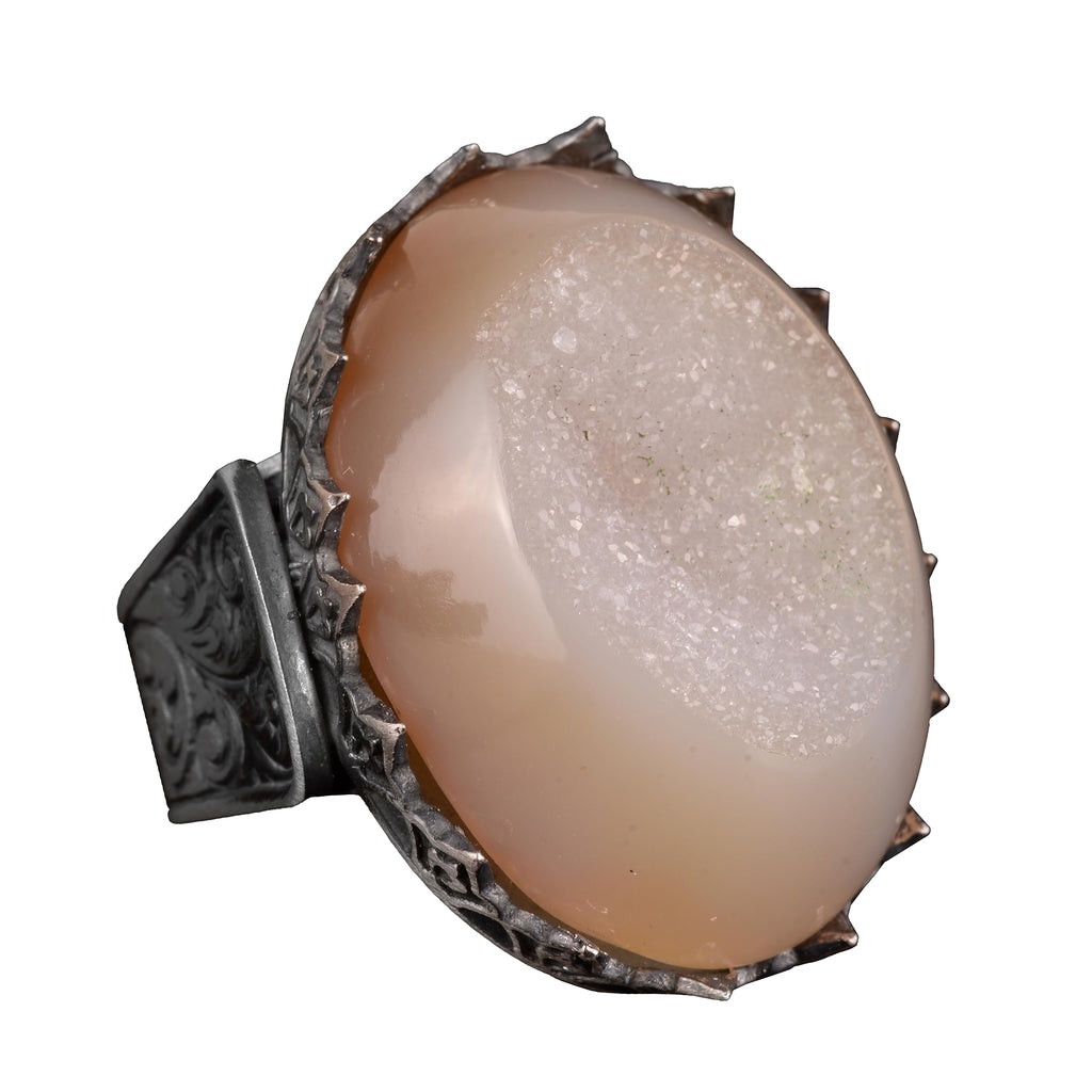 Kambo Men's Large 925 Sterling Silver Ring with Natural Druzy Quartz Stone: Akua, Green, Beige Options (Beige)