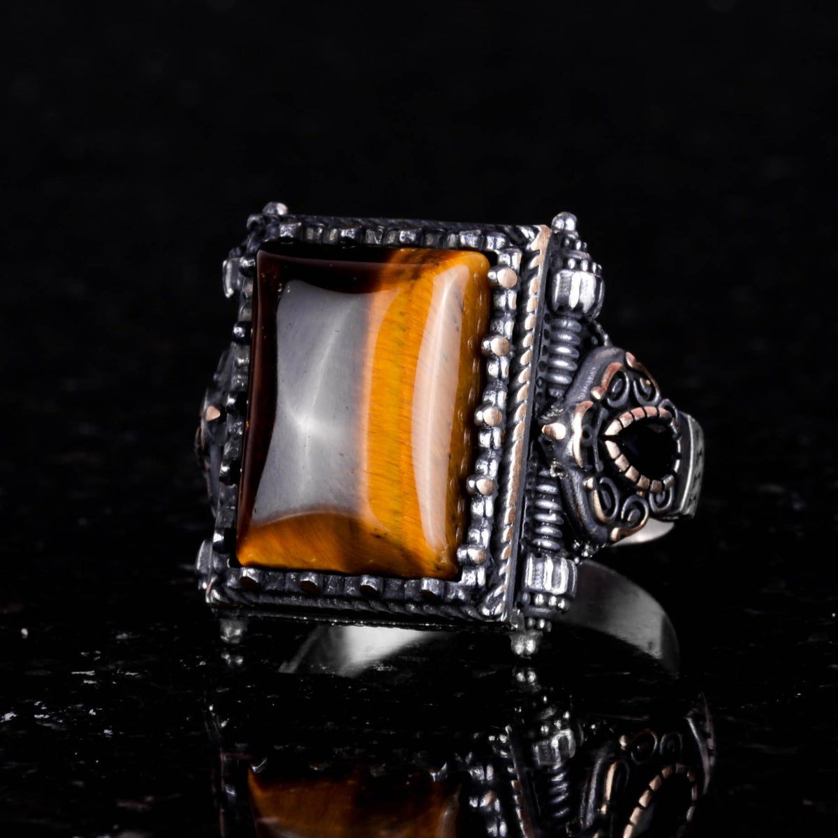Natural Stone Ring - Tiger Eye with 925 Sterling Silver Men's Ring — 4