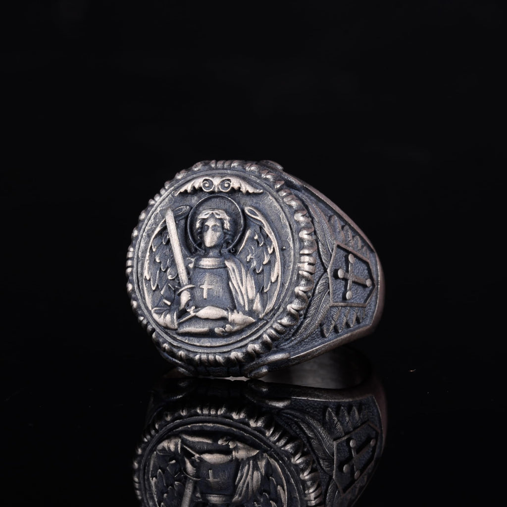 KAMBO 925 Sterling Silver Archangel Ring – Handmade Religious Men's Ring – Sword-Wielding Angel Protection Symbol Jewelry — 5