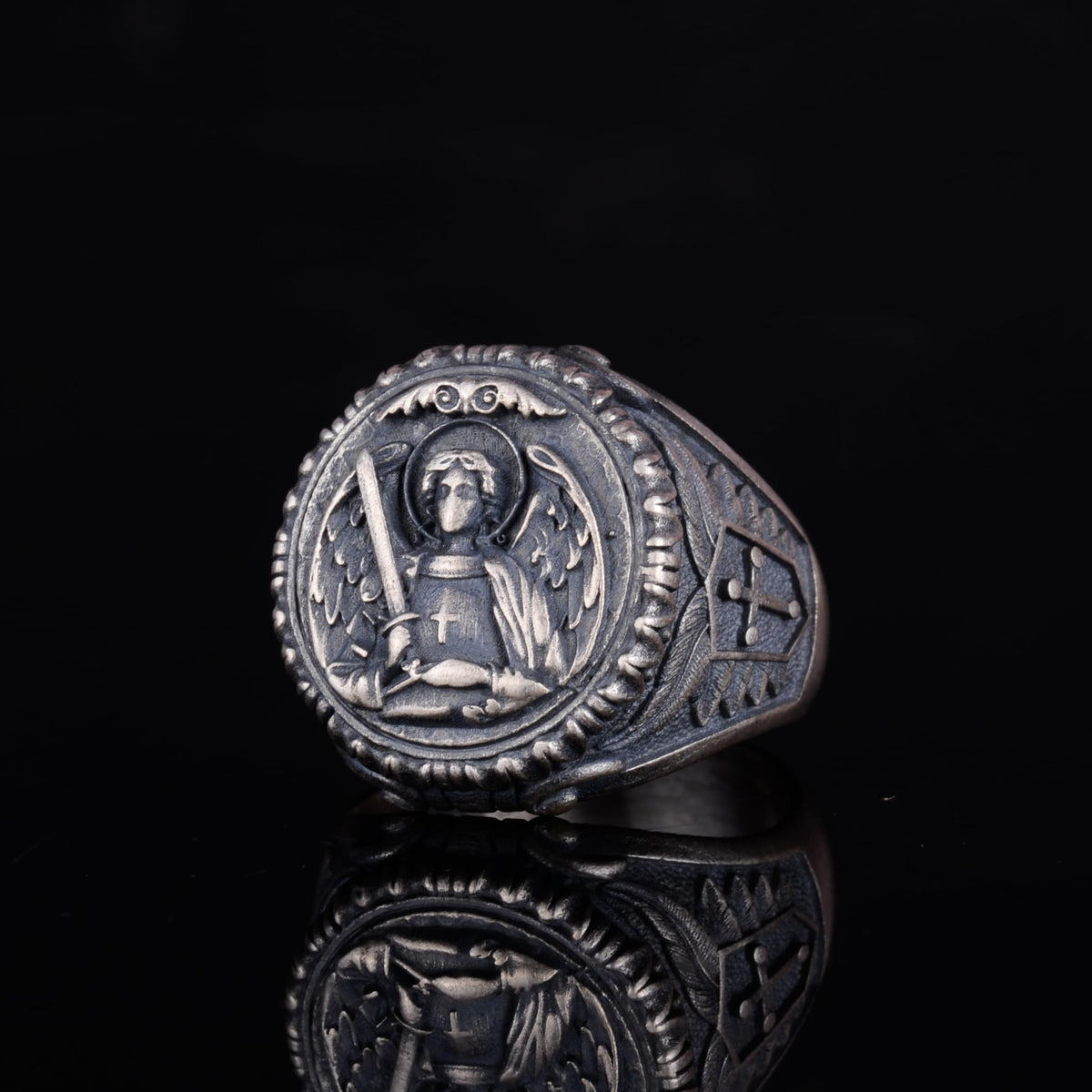 KAMBO 925 Sterling Silver Archangel Ring – Handmade Religious Men's Ring – Sword-Wielding Angel Protection Symbol Jewelry — 5
