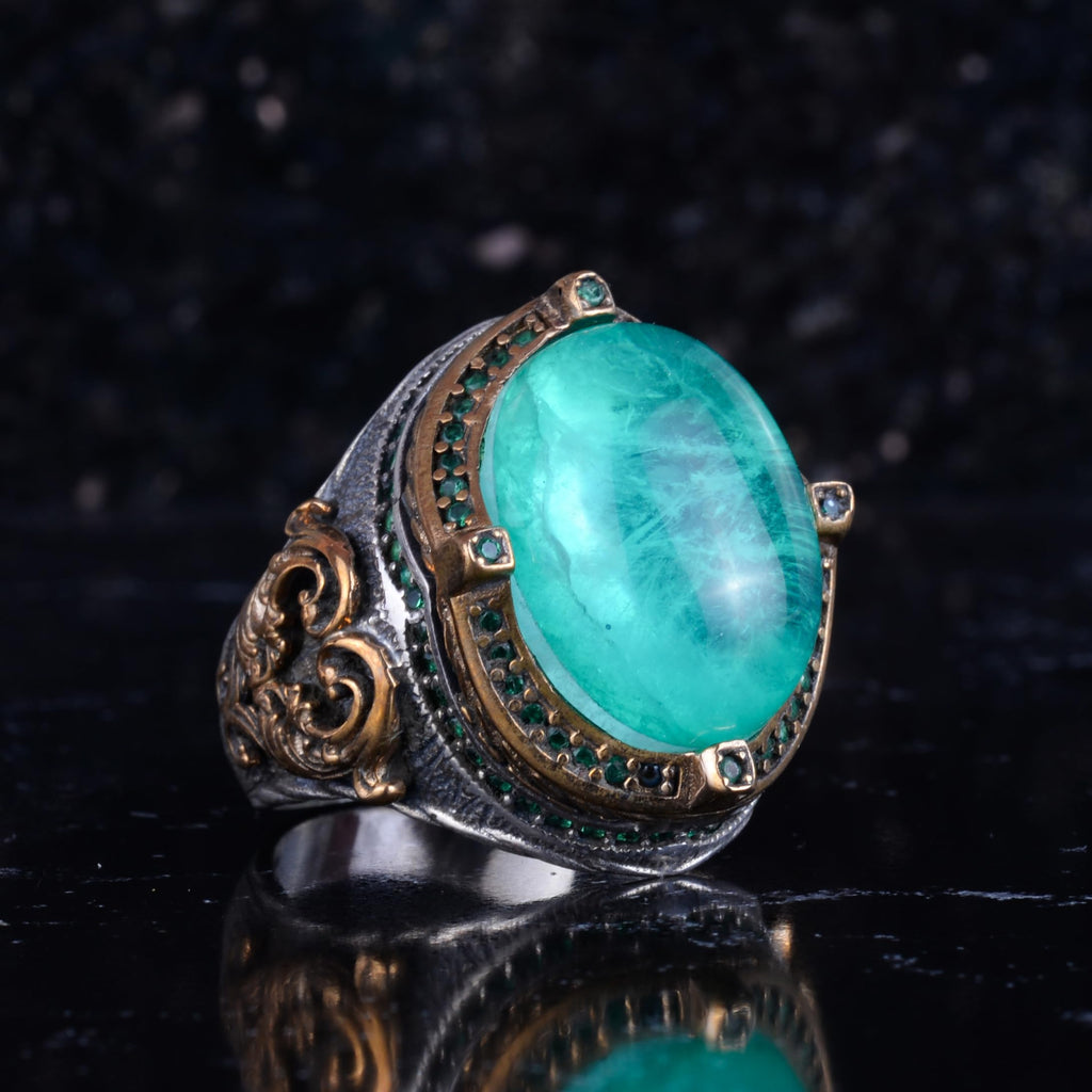 KAMBO Created Paraiba Stone Men's Ring – Oval Cabochon Green Stone – 925 Sterling Silver Handmade Statement Ring — 6