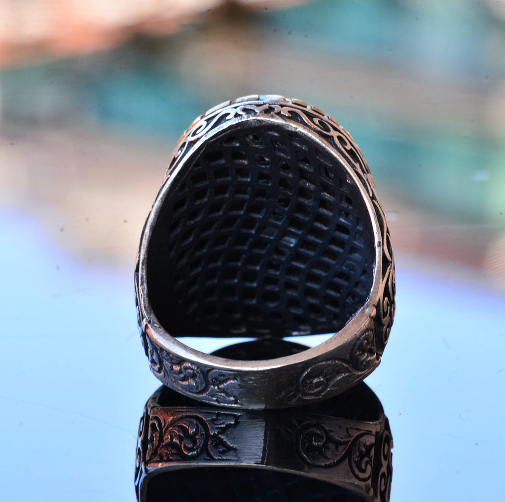Handmade Artificial Coral Stone Silver Men's Large Ring - Symbol of Passion and Protection — 8