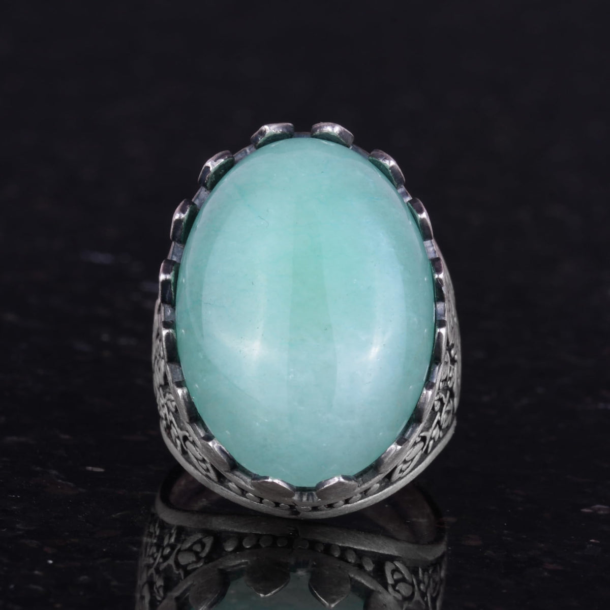 Natural Stone Ring - Rose Pattern Ring - 925 Sterling Silver - Handmade Large Ring — 4