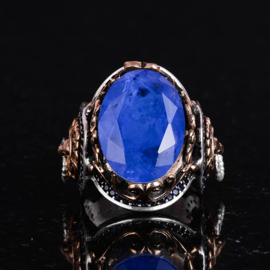 Lion Symbol Ring, Blue Artificial Paraiba Stone Ring, 925 Sterling Silver Ring, Stylish Handmade Silver Men's Ring — 3