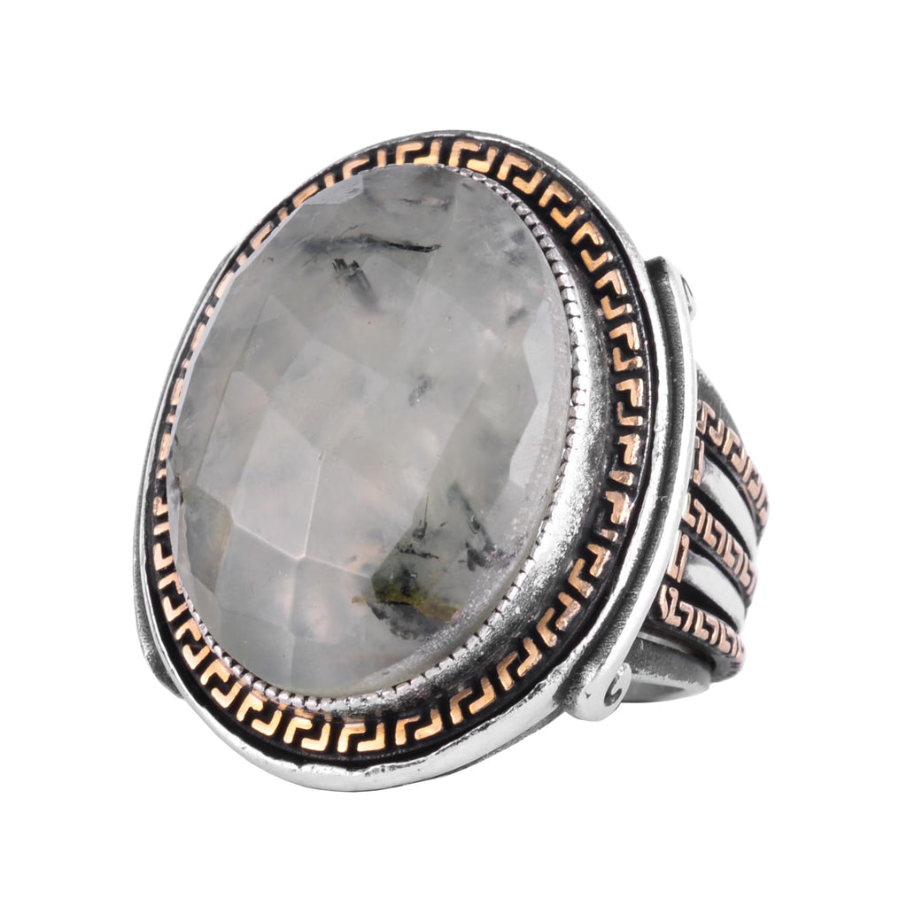 KAMBO Men's Genuine Natural Stone Ring – 925 Sterling Silver Large Statement Ring – Handmade Vintage Design – Dark Silver Ring (Prehnite)