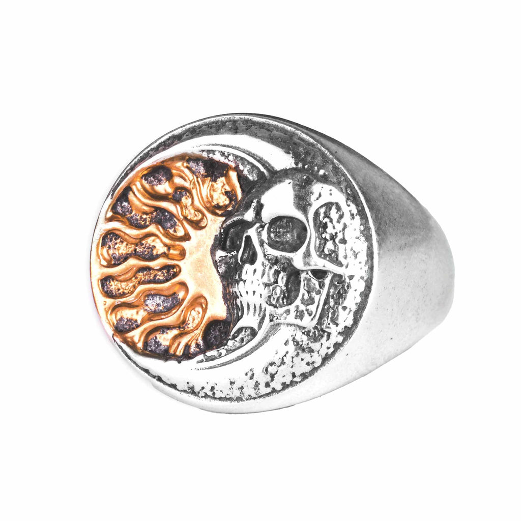 KAMBO 925 Sterling Silver Men's Ring – Gold Plated Sun and Skull Design Ring – Handmade Gothic Statement Jewelry