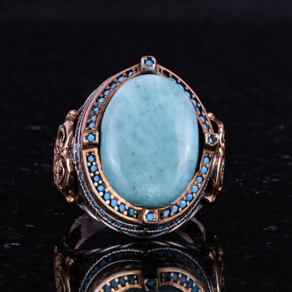 925 Sterling Silver Ring, Handmade Vintage Men's Statement Ring with Natural Larimar Stone — 4