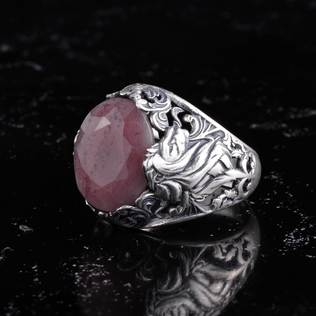 KAMBO Natural Stone Men's Ring 925 Sterling Silver - Large Flower Engraved Statement Ring - Handmade Vintage Ring for Men (Pink Moonstone) — 4