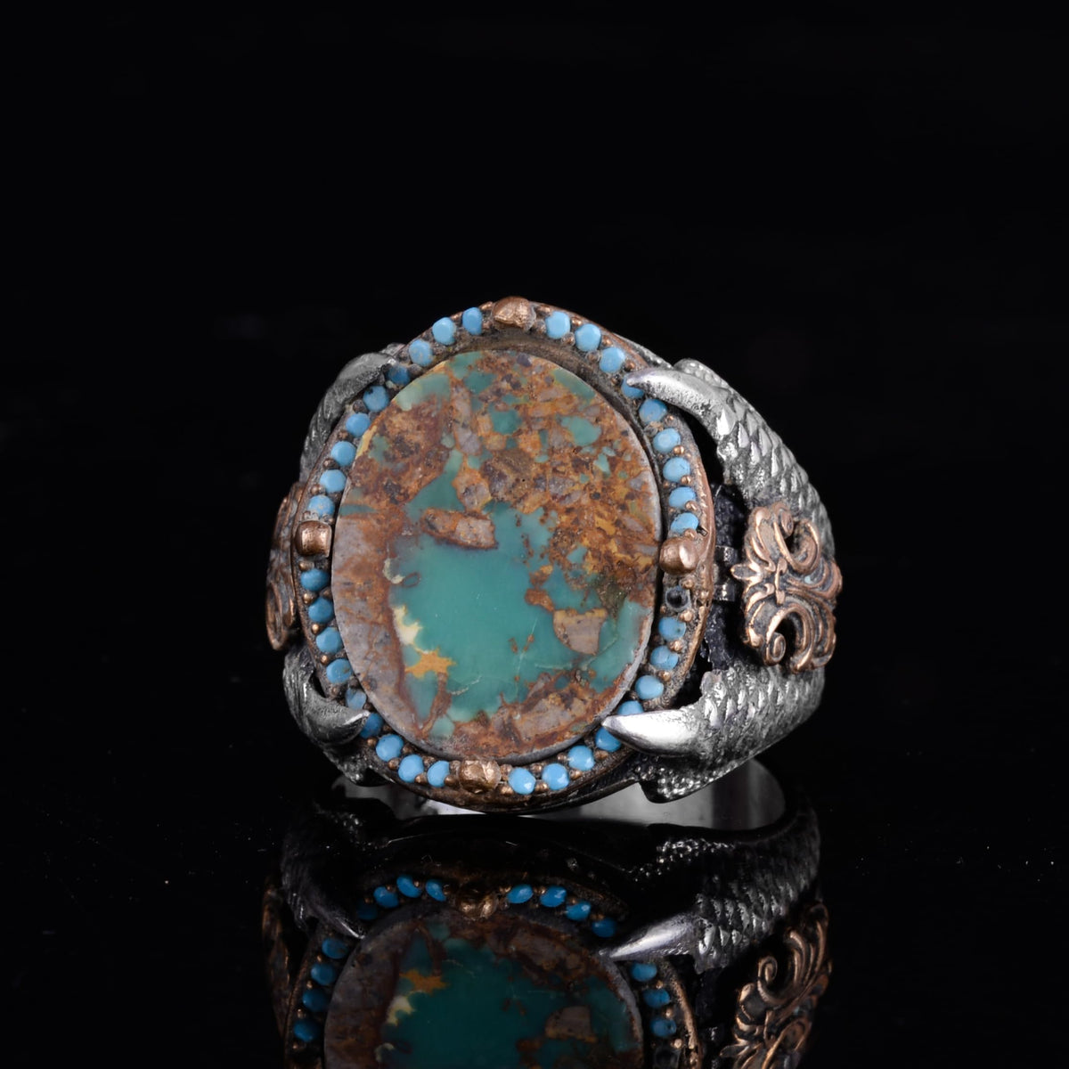 KAMBO Raw Turquoise Oval Stone Claw Setting – Bronze Detailed Silver Artisan Men's Expression Accessory (E) — 4