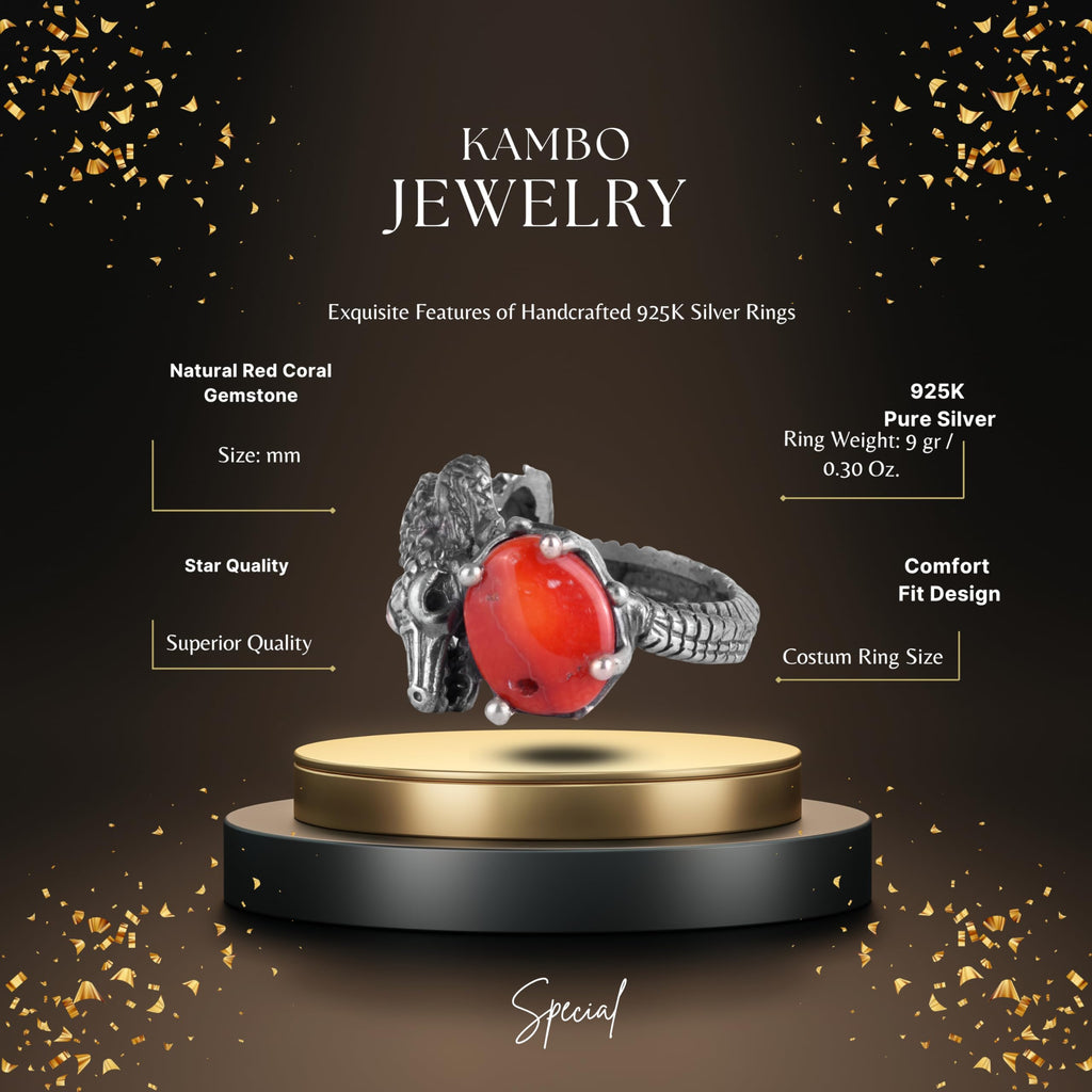 KAMBO Natural Red Coral Stone Women's Ring 925 Sterling Silver Ram Skull Design Gothic Handmade Jewelry — 2