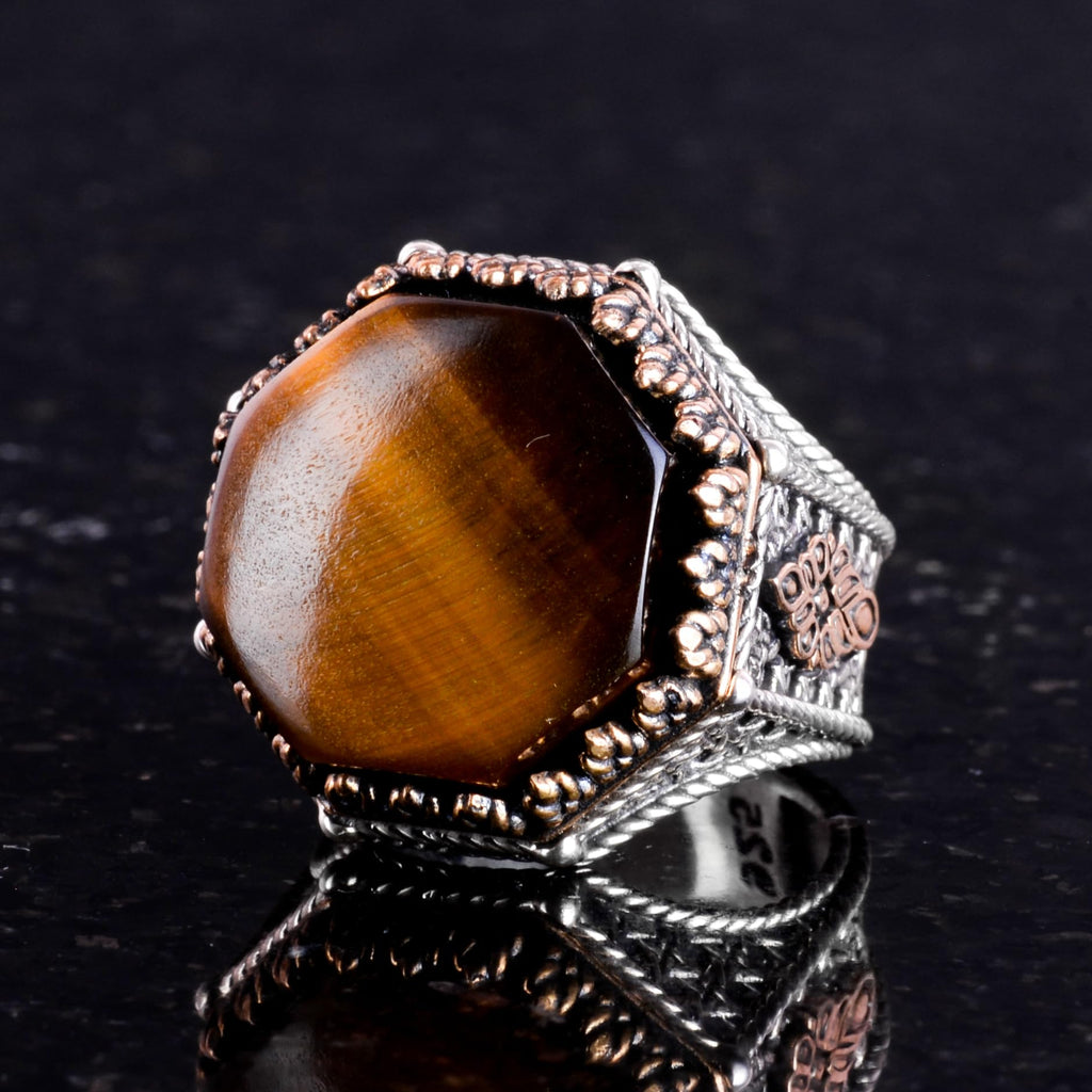 Natural Tiger's Eye Stone Ring - Octagonal Design - Handmade 925 Sterling Silver Jewelry — 6
