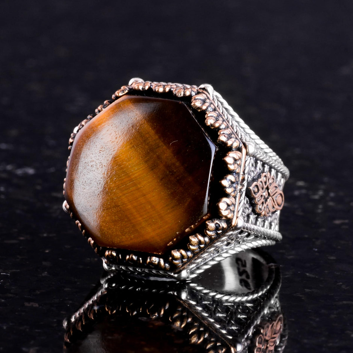 Natural Tiger's Eye Stone Ring - Octagonal Design - Handmade 925 Sterling Silver Jewelry — 6