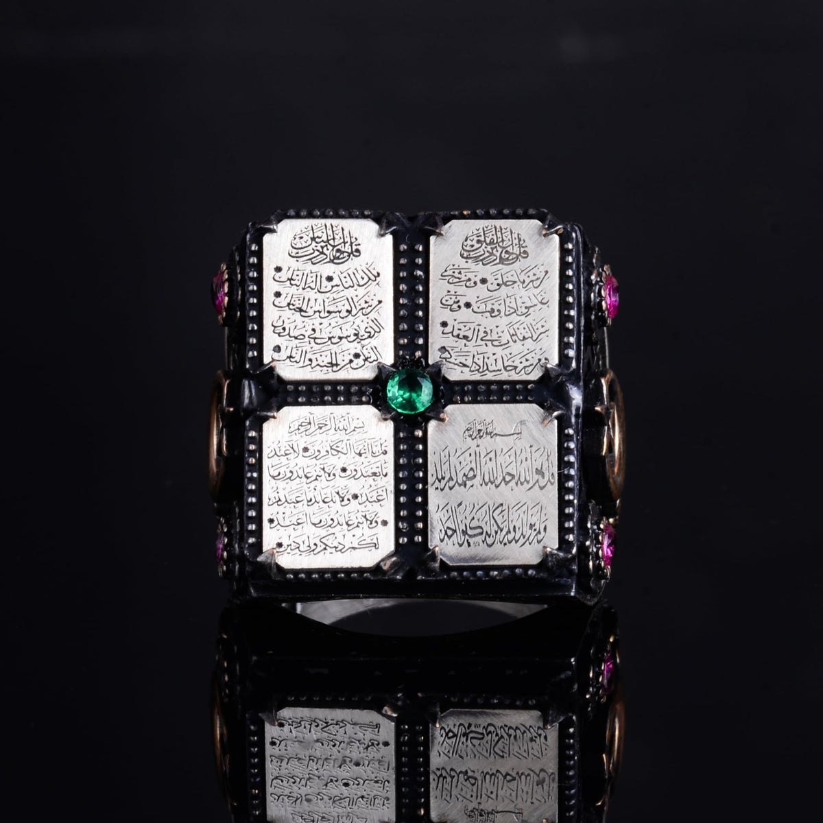 KAMBO 925 Sterling Silver Large Islamic Men's Ring – Fatiha, Ikhlas, Felak, Nas Engraved – Crescent Star Design – Handmade Ottoman Beaded Ring — 4