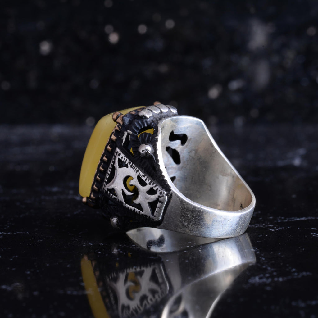KAMBO Natural Amber Stone Men's Ring 925 Sterling Silver – Rectangular Stone Handmade Vintage Statement Ring — 7