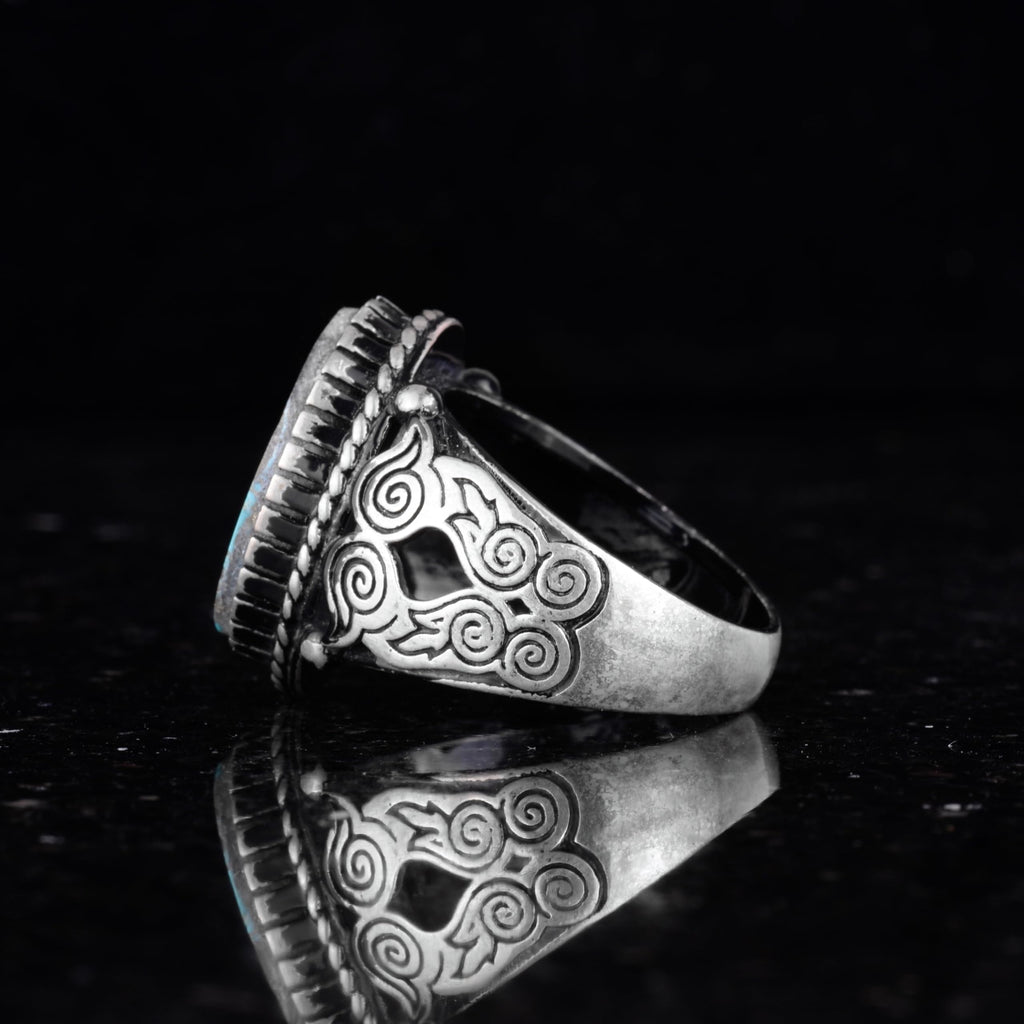 Natural Arizona Turquoise Owl Figurine Silver Men's Ring (Model-2) — 7