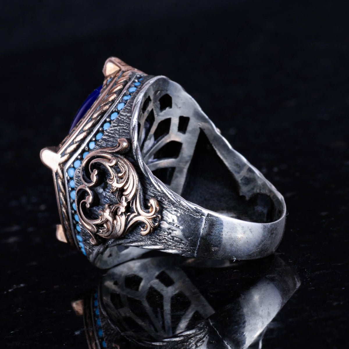925 Sterling Silver Men's Ring, Blue Cat Eye Stone, Handmade Vintage Design Ring — 7
