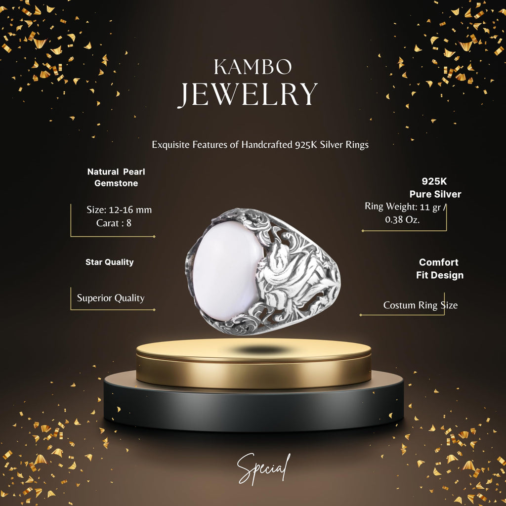 KAMBO Natural Stone Men's Ring 925 Sterling Silver - Large Flower Engraved Statement Ring - Handmade Vintage Ring for Men (Pearl-1) — 2