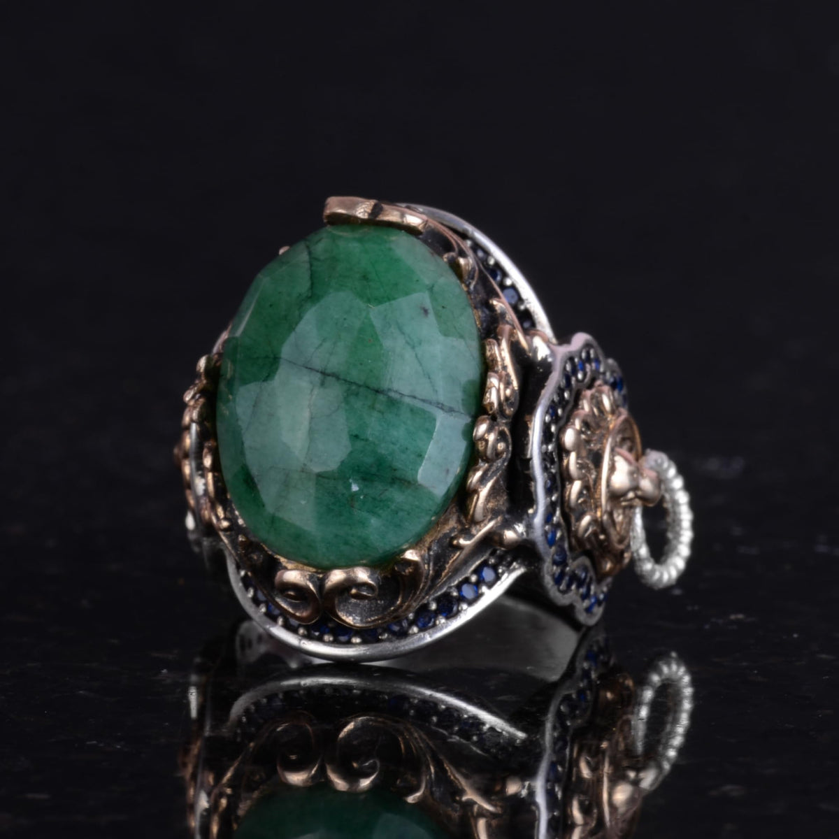 Natural Emerald Stone Ring, Lion Signal Ring - 925 Sterling Silver Ring — 4
