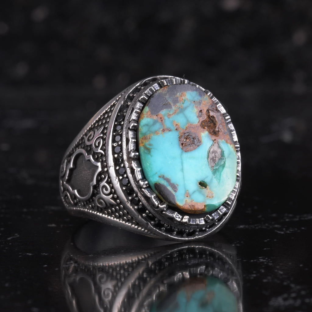 KAMBO Turquoise Stone Men's Ring 925 Sterling Silver – Natural Turquoise Statement Ring – Vintage Ottoman Style Handmade Men's Ring (Turquoise-7) — 6