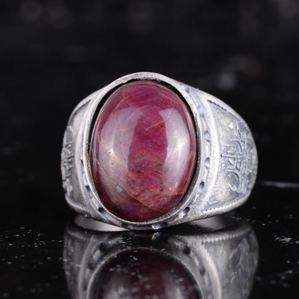 KAMBO Natural Ruby Stone Men's Ring 925 Sterling Silver - Carved Vintage Design Handmade Jewelry with Oval Ruby Statement Ring — 4