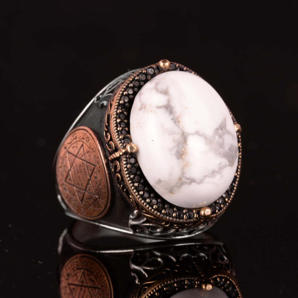 Star of David Silver Ring, Natural Howlite Stone Ring — 6
