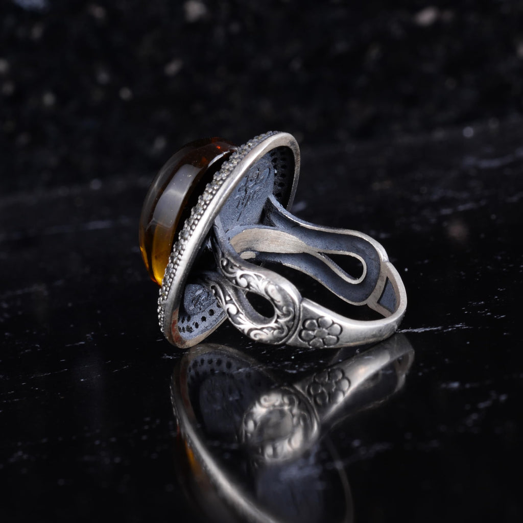 KAMBO Natural Amber Rose Carved Women's Ring 925 Sterling Silver Large Oval Stone Halo Design Handmade Vintage Jewelry — 7