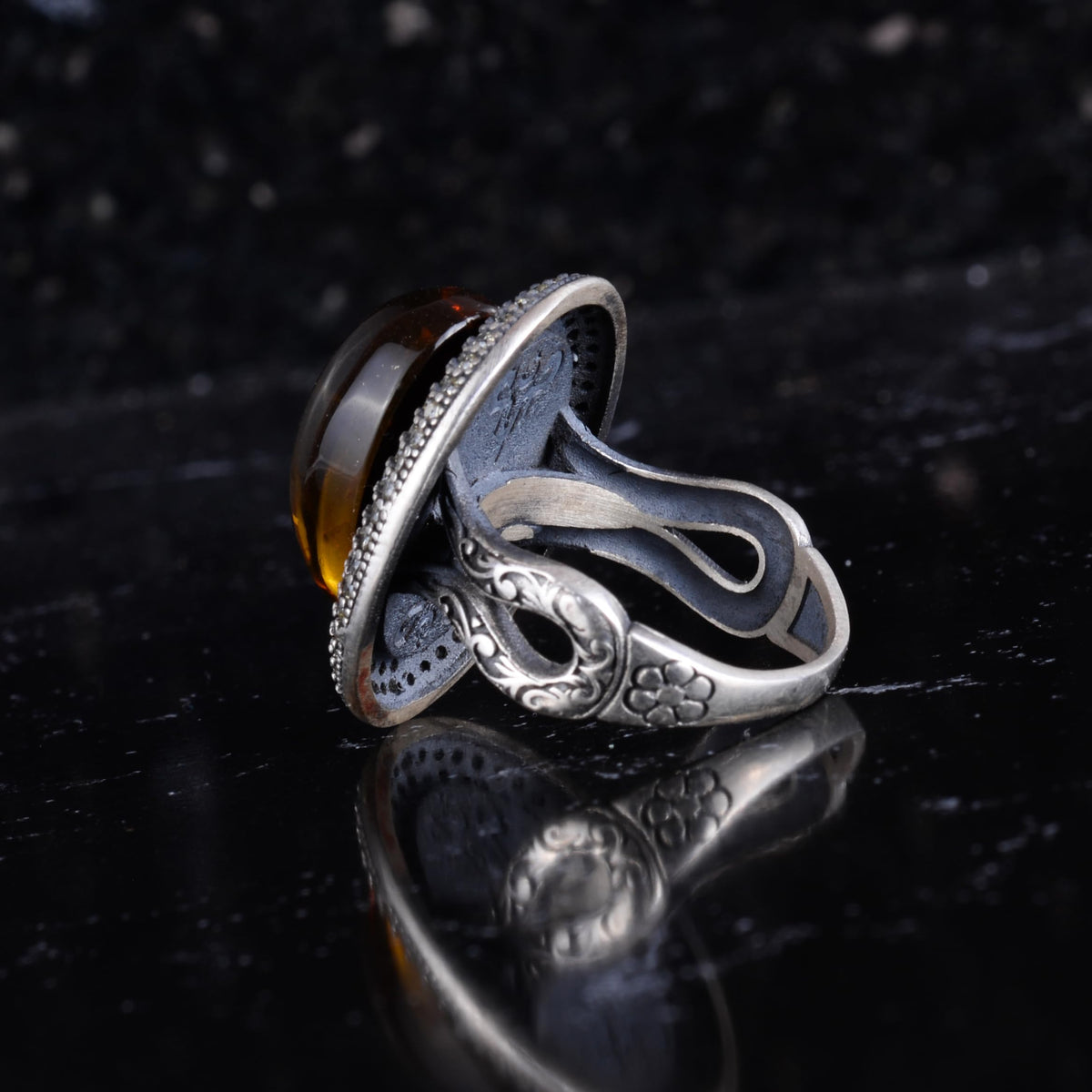 KAMBO Natural Amber Rose Carved Women's Ring 925 Sterling Silver Large Oval Stone Halo Design Handmade Vintage Jewelry — 7