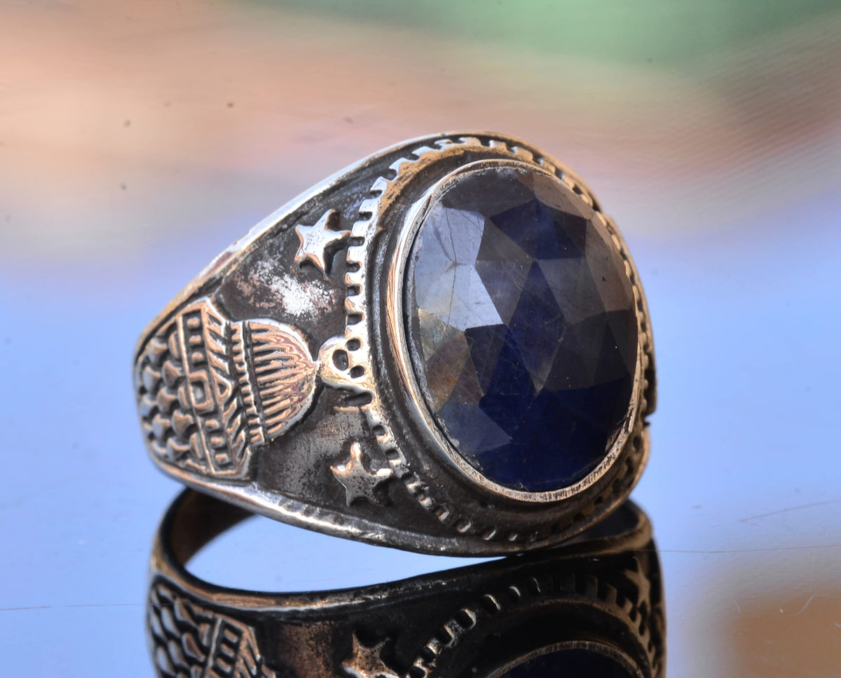 KAMBO Handmade 925 Sterling Silver Men's Ring with Genuine Natural Sapphire Gemstone, Minimalist Islamic Mosque Design, 