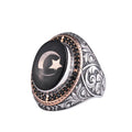 Men's Natural Stone Large Ring – Oval Stone Vintage Byzantine Engraved Statement Ring - Antique Filigree 925 Sterling Silver Jewelry (Turkish Crescent Star Onyx)