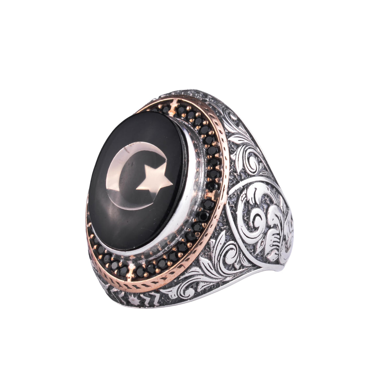 Men's Natural Stone Large Ring – Oval Stone Vintage Byzantine Engraved Statement Ring - Antique Filigree 925 Sterling Silver Jewelry (Turkish Crescent Star Onyx)