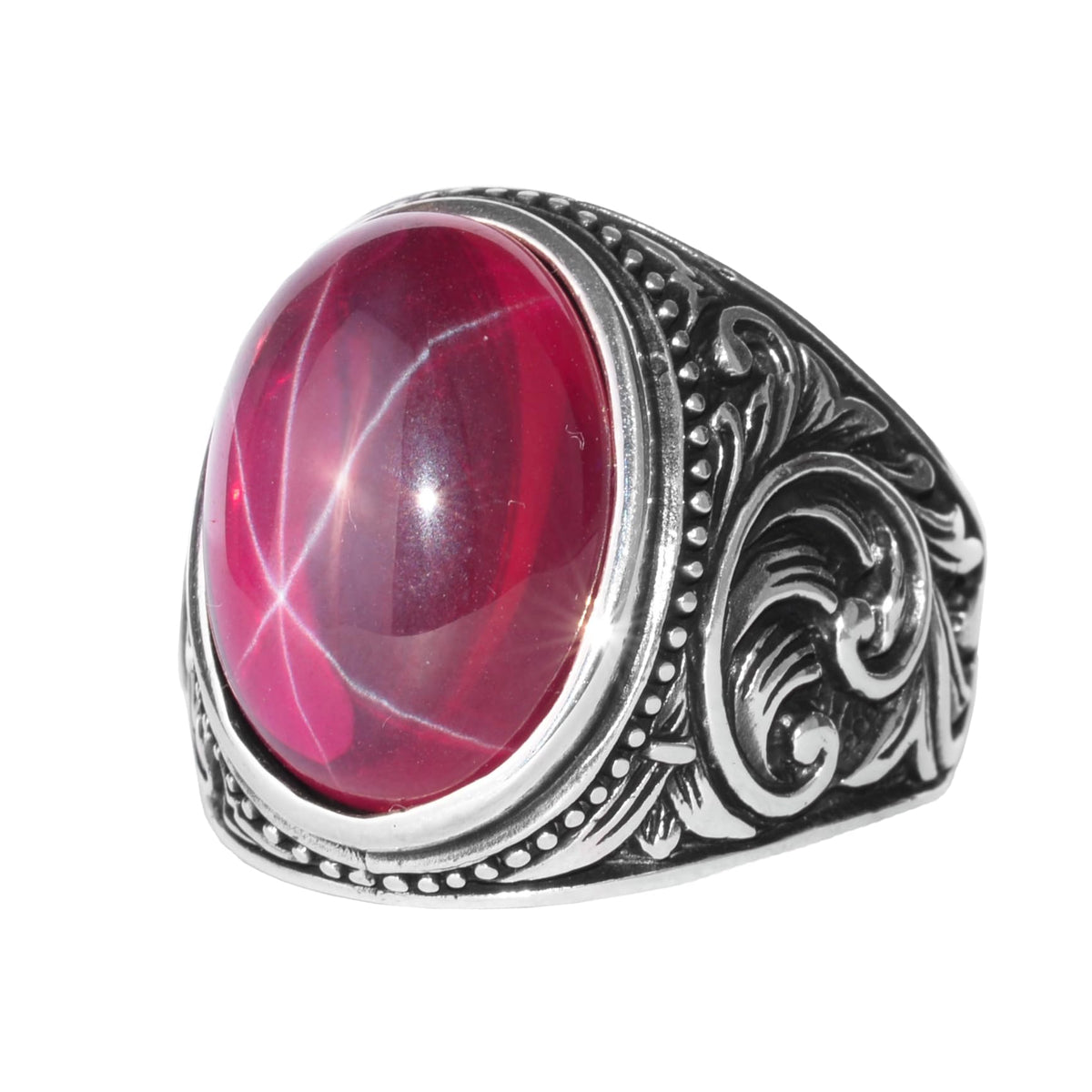 KAMBO Natural Star Ruby Stone Ring for Men 925 Sterling Silver Ottoman Pattern Handmade Statement Ring Asterism Ruby