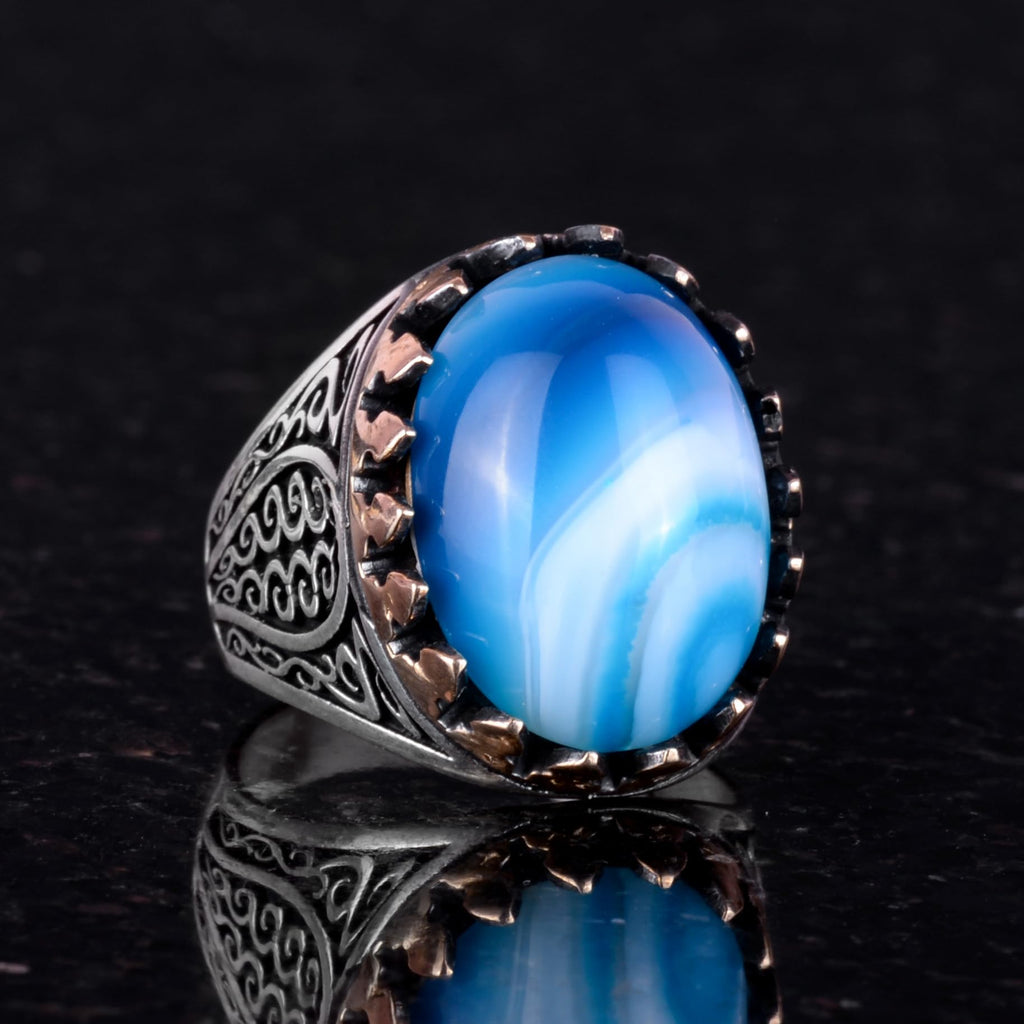 925 Sterling Silver Men's Ring - Handmade Elegance with Natural Stones (Blue Agate) — 2