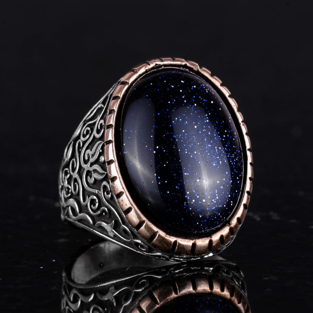 Synthetic Stone Ring, 925 Sterling Silver Men's Ring, Large Size Ring (Blue Sunstone) — 5