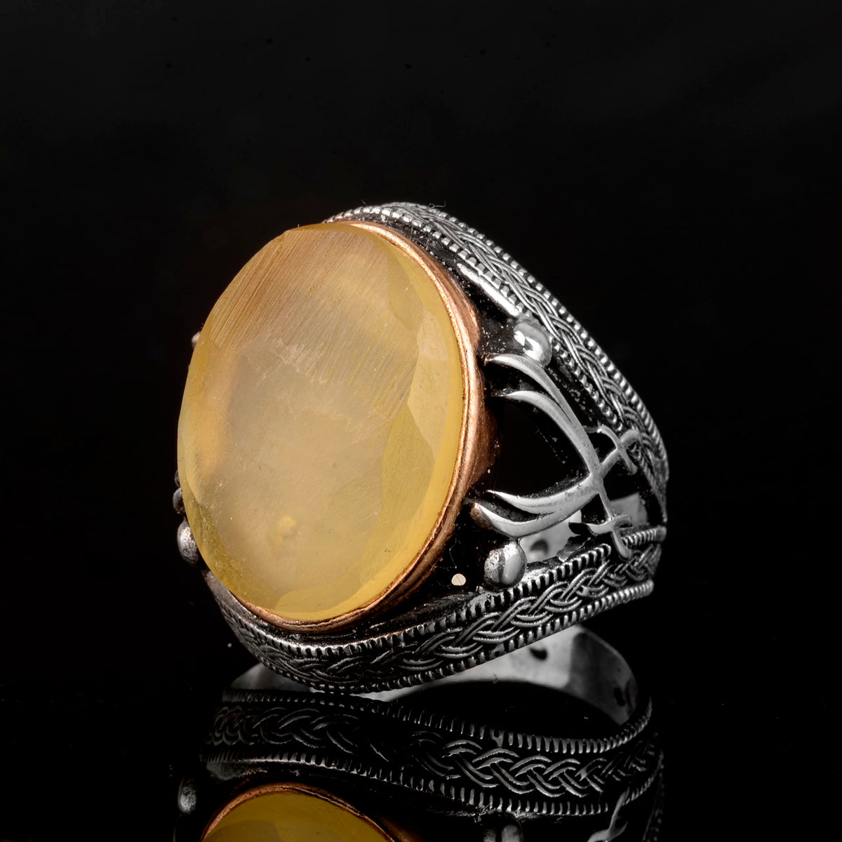 Natural Amber Stone Men's Ring, 925 Sterling Silver — 4