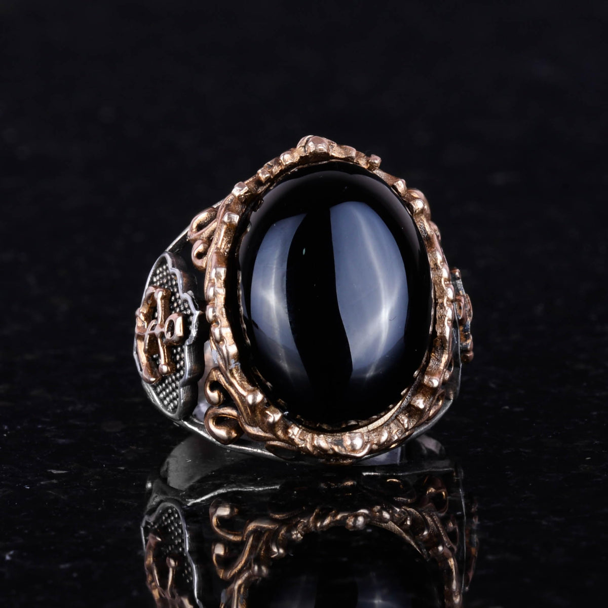 Nautical Anchor Silver Ring, 925 Sterling Silver Ring, Cabochon Onyx Stone Ring — 5