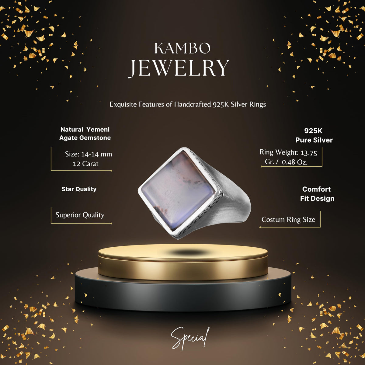 KAMBO Natural Stone Men's Ring 925 Sterling Silver – Square Cut Stone Handmade Minimalist Statement Ring (Yemen Agate) — 2