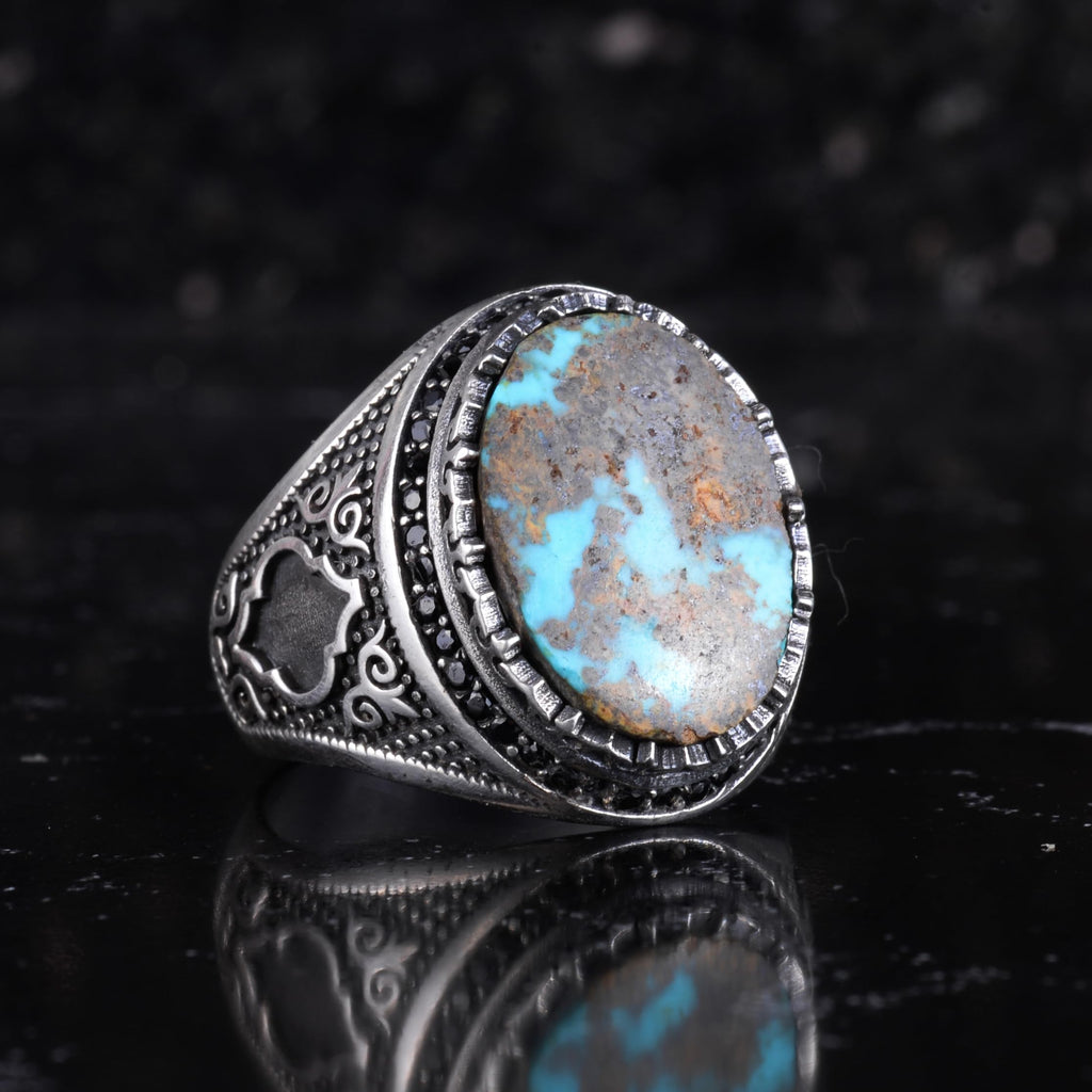 KAMBO Turquoise Stone Men's Ring 925 Sterling Silver – Natural Turquoise Statement Ring – Vintage Ottoman Style Handmade Men's Ring (Turquoise-5) — 6