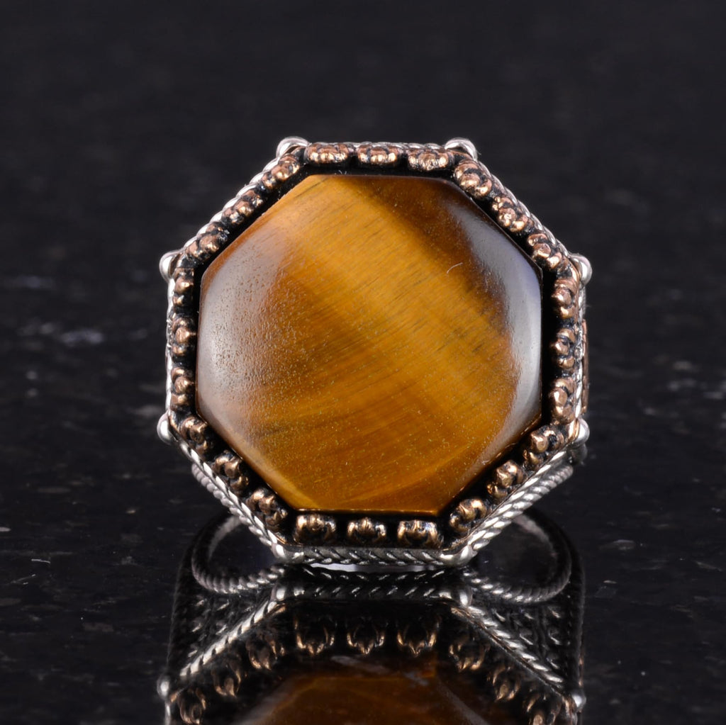 Natural Tiger's Eye Stone Ring - Octagonal Design - Handmade 925 Sterling Silver Jewelry — 4
