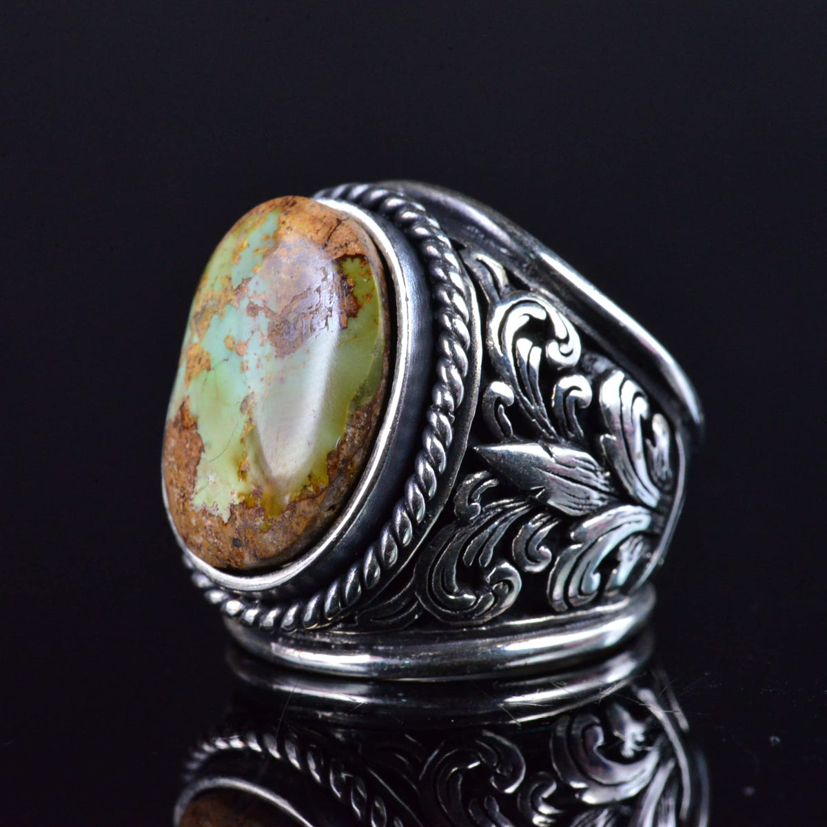 Turquoise Stone Ring, 925 Sterling Silver Handmade Dragon Scale Design — 6