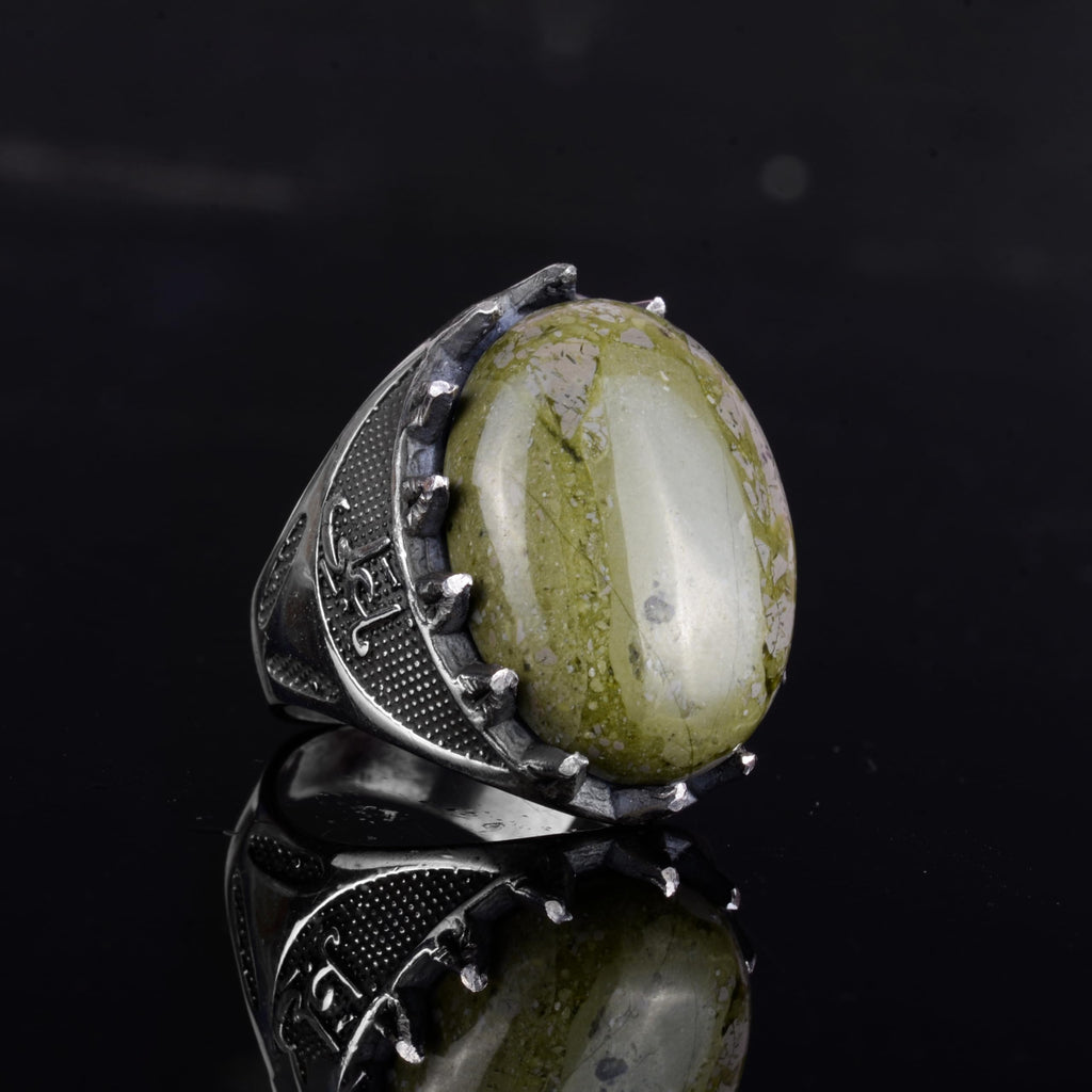 KAMBO Natural Stone Men's Large Ring – 925 Sterling Silver Ottoman Sword Motif Signet Ring (Unakite) — 5