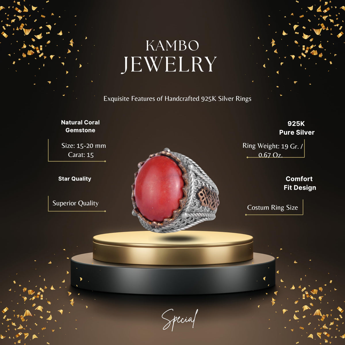 KAMBO Natural Coral Stone Ring for Men 925 Sterling Silver Handmade Statement Ring Red Coral — 2