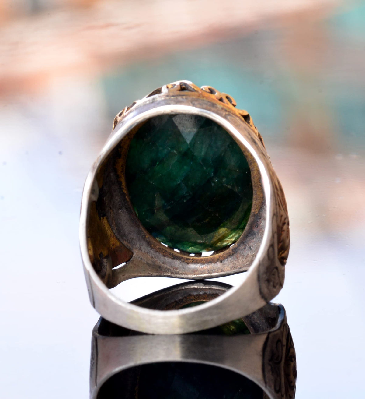 925 Sterling Silver Men's Ring - Ethnic Design - Real Emerald Natural Stone Ring — 5