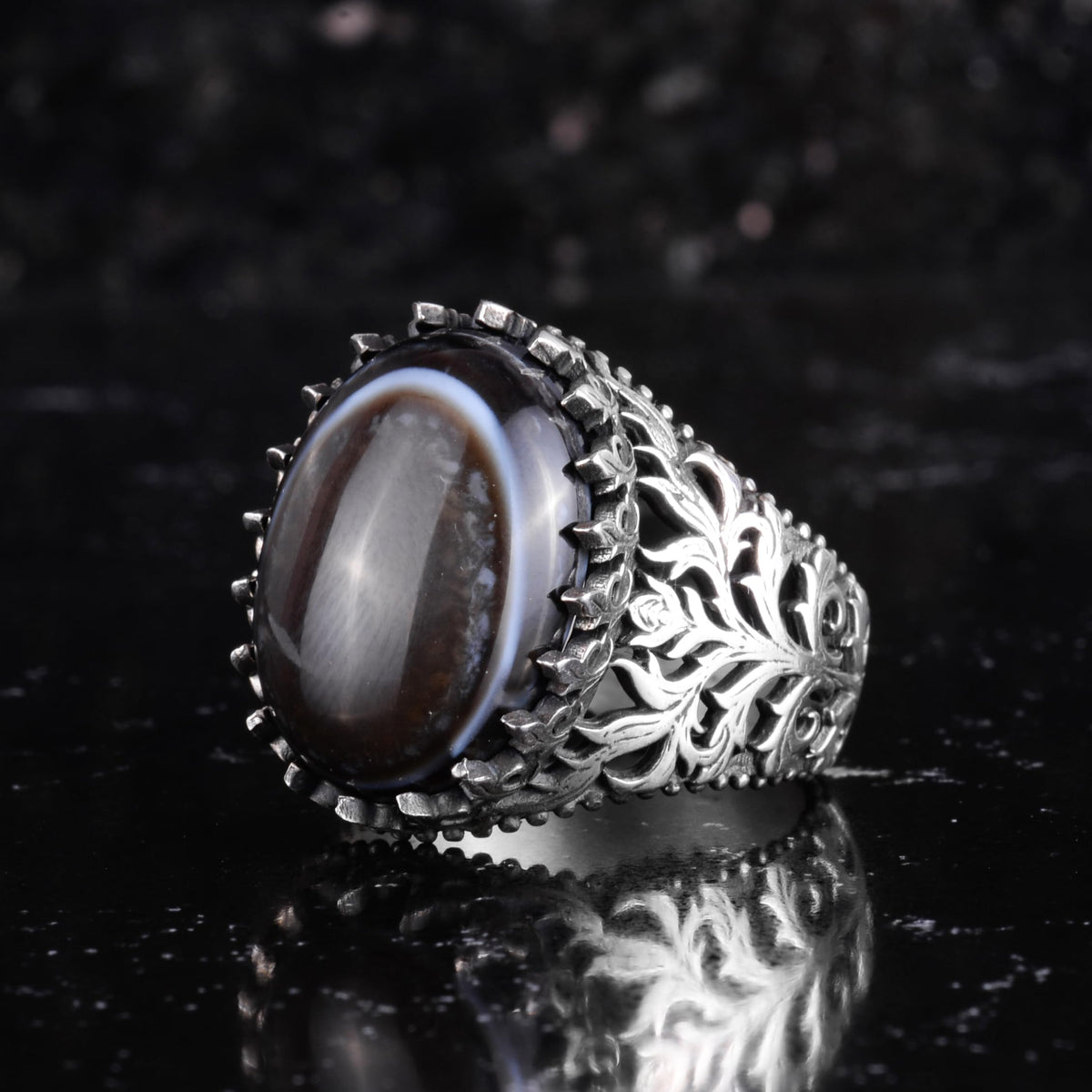 KAMBO Natural Yemen Agate Stone Ring – 925 Sterling Silver Decorative Men's Ring – Handmade Vintage Statement Ring (Yemen Agate-4) — 4