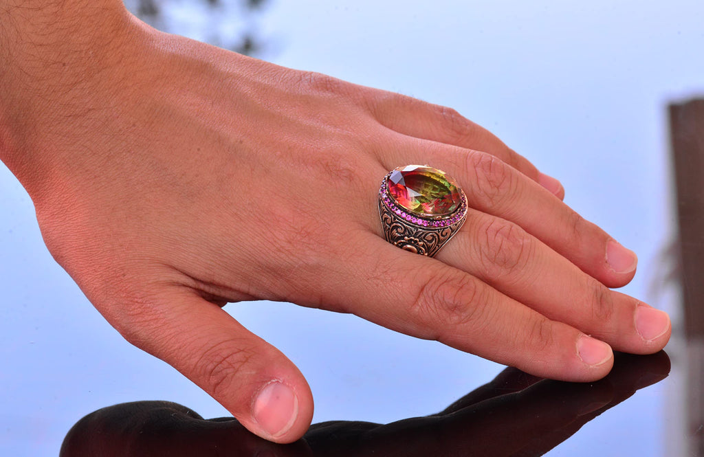 925 Sterling Silver King Ring - Multicolored Artificial Stone - Handmade Men's Jewelry — 6