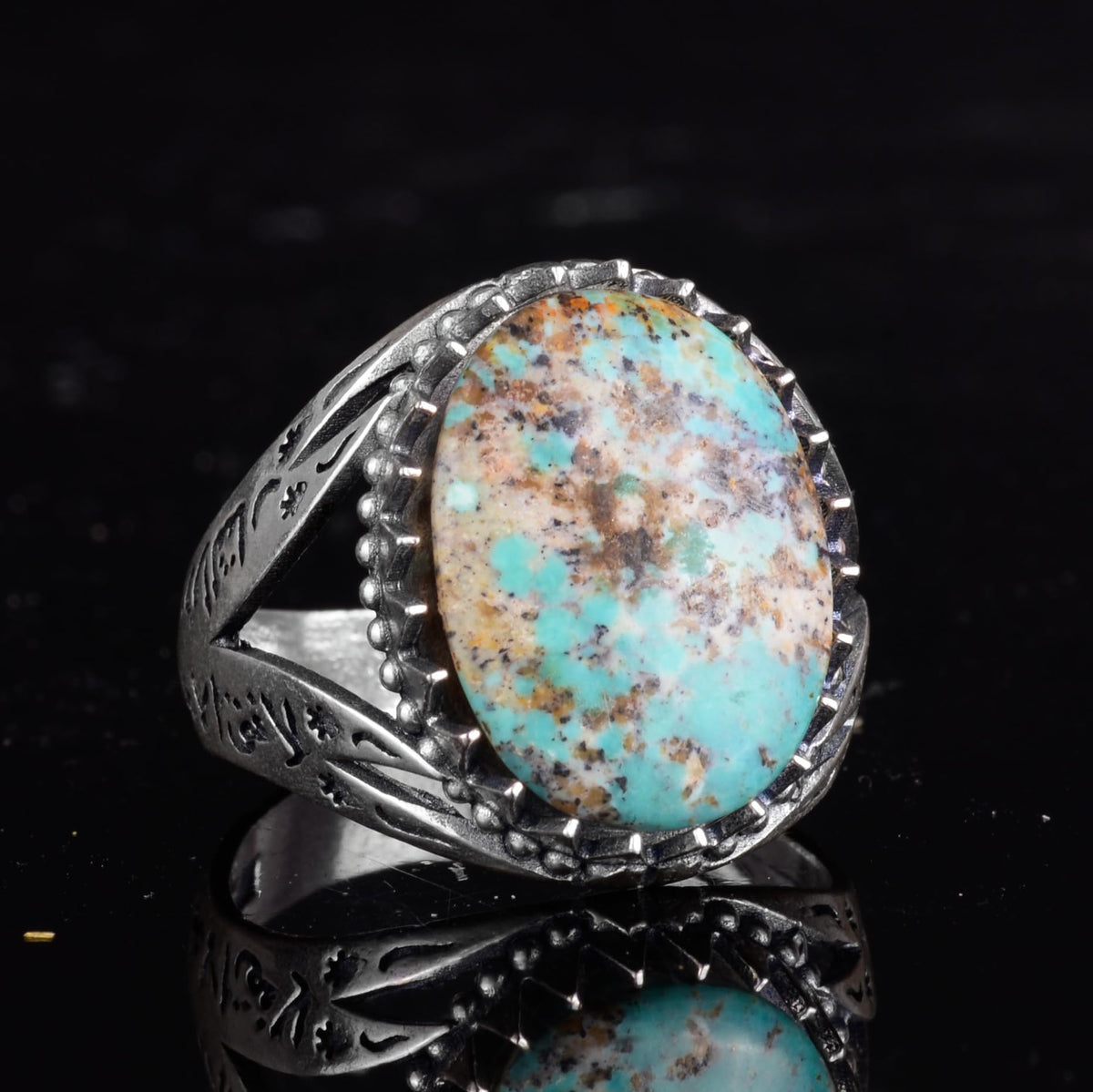 KAMBO Men's Natural Arizona Turquoise Stone 925 Sterling Silver Ring – Ornate Ottoman Style Vintage Statement Ring — 4