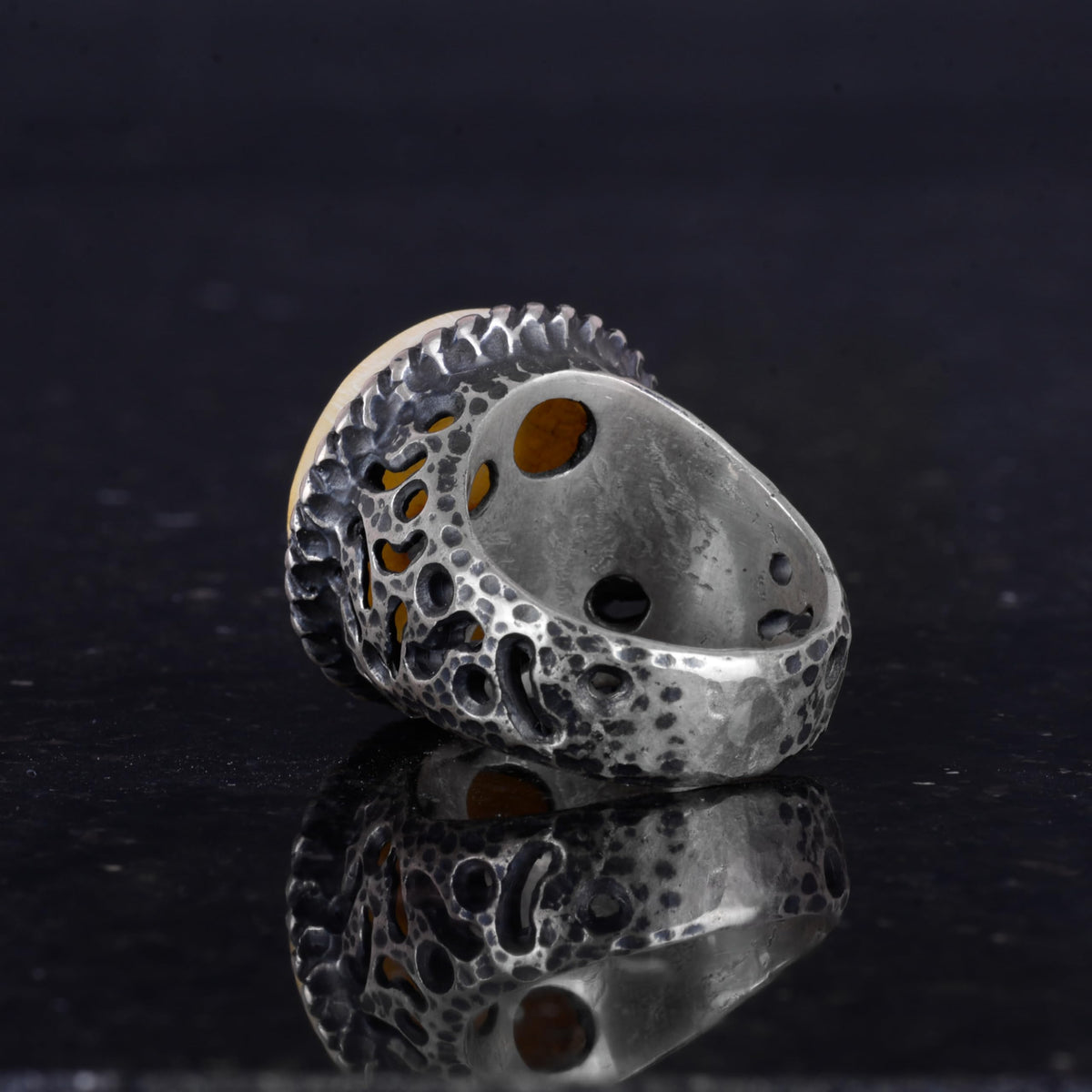 Natural Amber Stone Ring - 925 Sterling Silver Men's Ring — 7