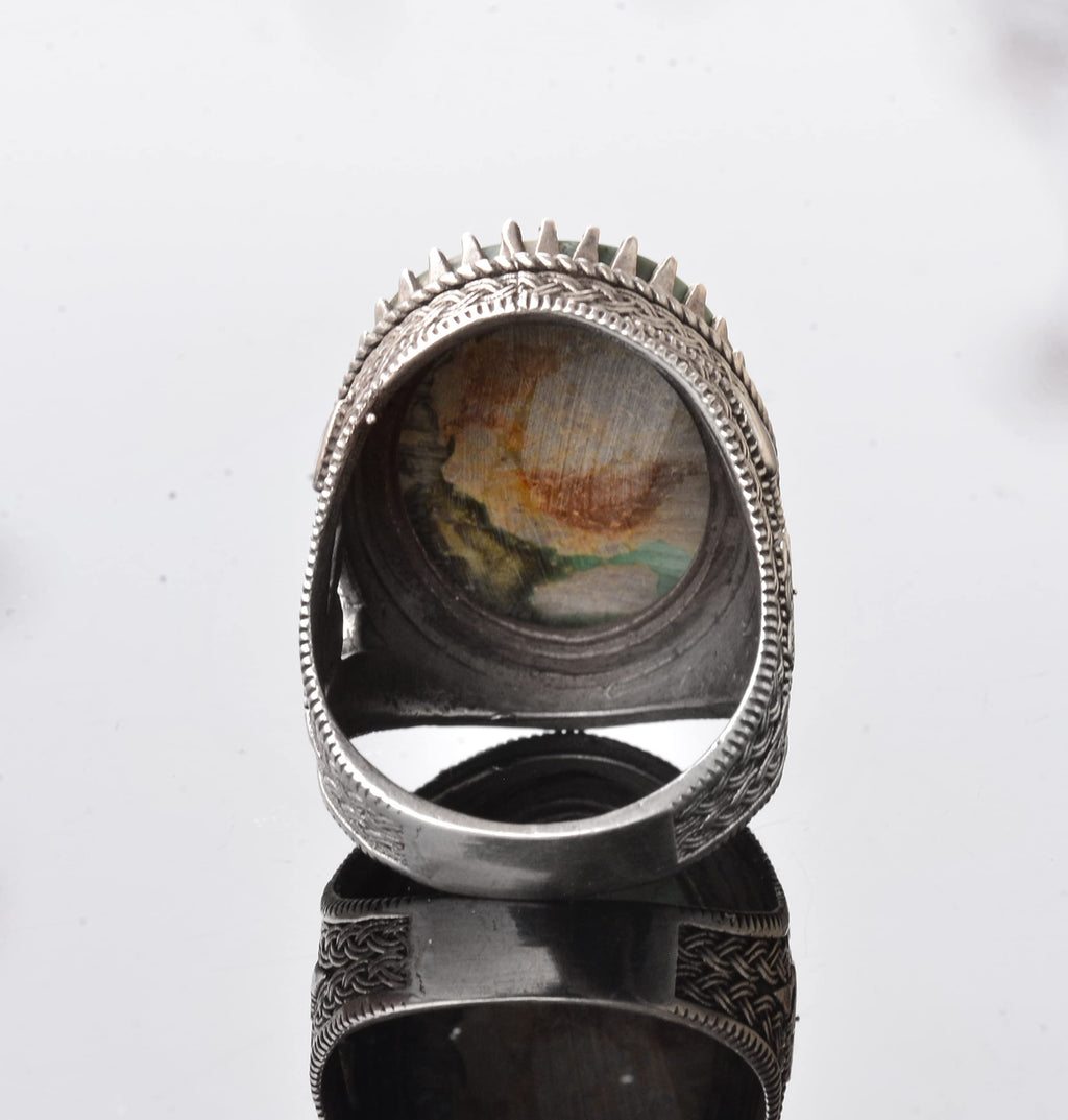KAMBO Handmade Genuine Natural Arizona Turquoise Gemstone Ring for Men, Ottoman Seal Design, Vintage Statement 925 Solid