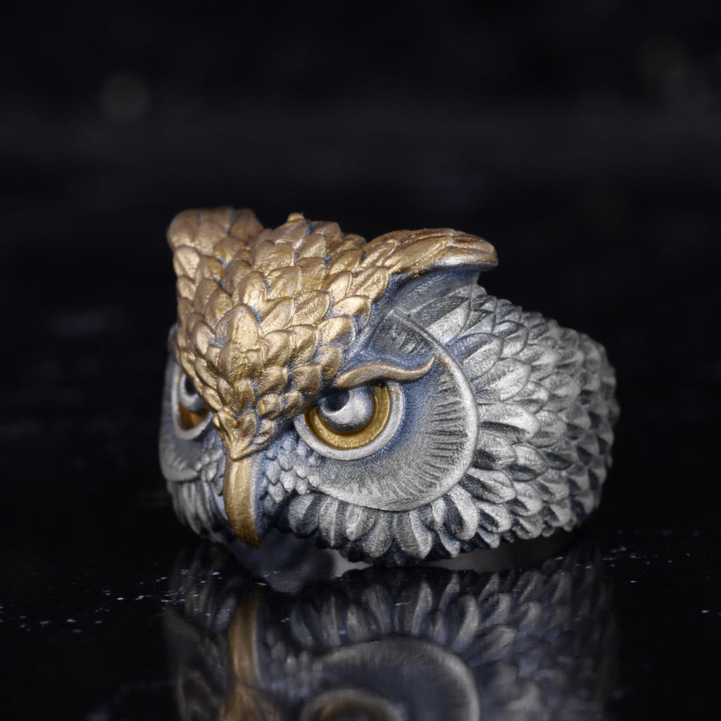 KAMBO 925 Sterling Silver Owl Head Ring – Symbol of Wisdom and Protection – Handmade Gothic Unisex Animal Jewelry (Gold Plated) — 5